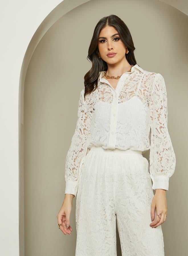 Styli Textured Balloon Sleeve Spread Collar Lace Shirt - Image 1